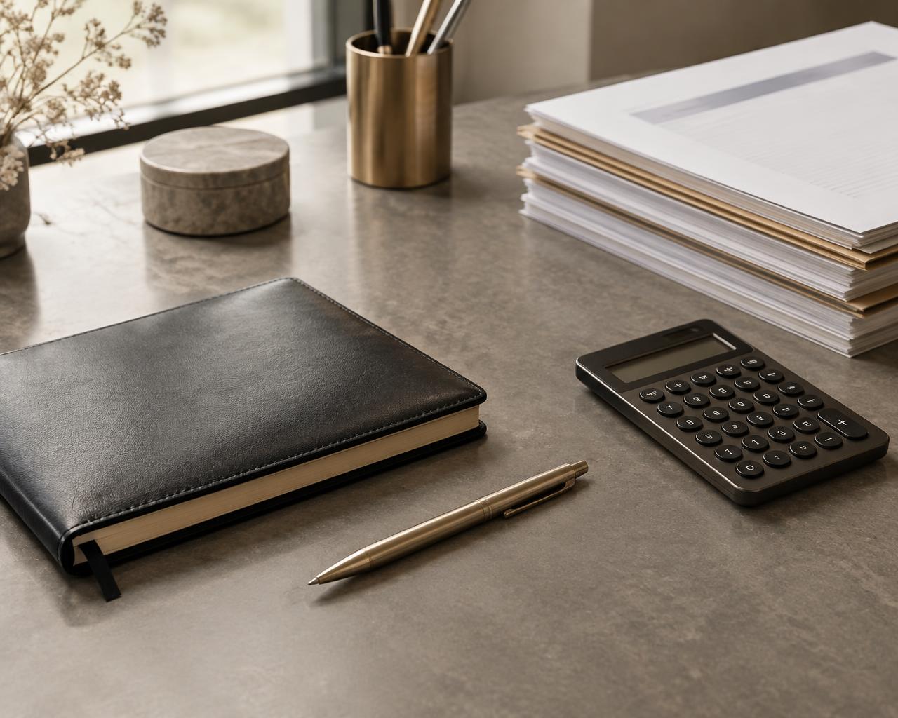 Organized accounting desk with a notebook, pen, calculator, and neatly stacked documents